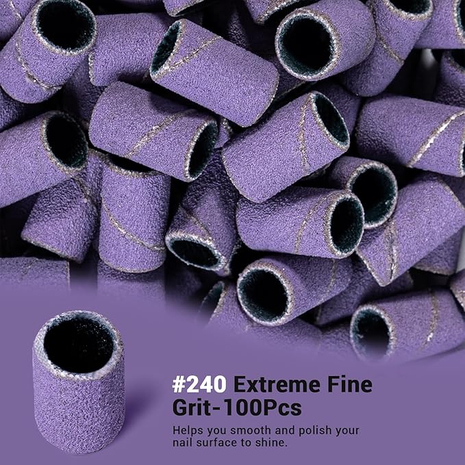 MelodySusie 100 Pcs Nail Drill Bits Sanding Bands for Nail Drill 240 Extreme Fine Grit Nail File Sanding Bands for Acrylic Nails Gel Manicures and Pedicure, Purple
