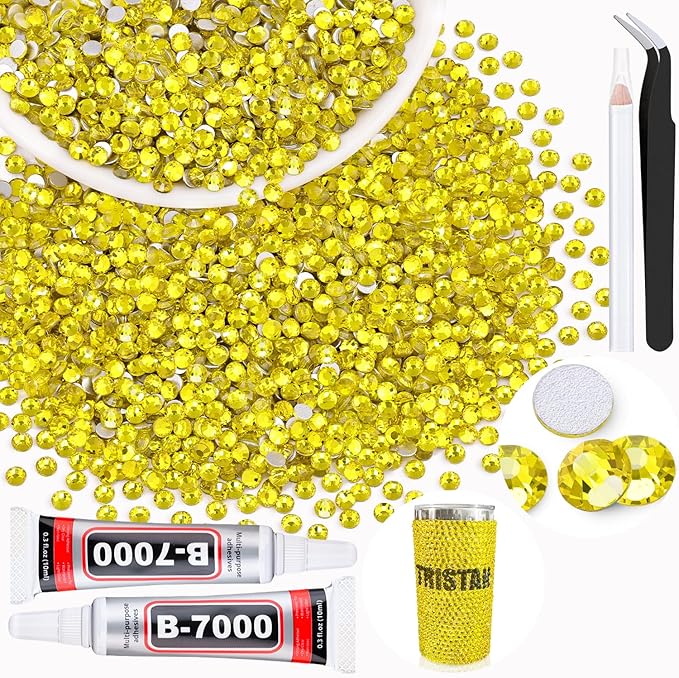 5000PCS SS6/2mm Crystal Rhinestones (Lemon Yellow) with 2Pcs 10ml B7000 Jewelry Glue, Bedazzling Flatback Glass Rhinestones for Crafting, Gems Diomand Charms for Tumbler Shoes Clothing Mugs Nail Art