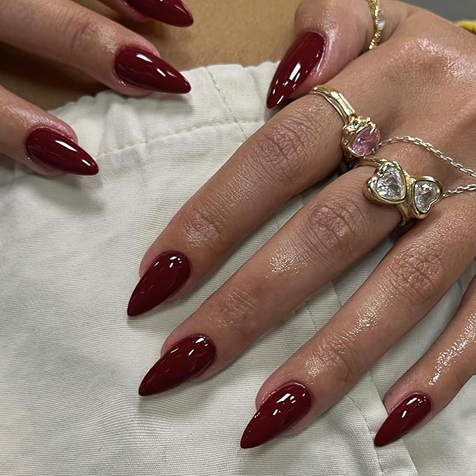 Burgundy Red Press on Nails Almond Shaped 48Pcs Neutral Thick Fake Nails for Women, Medium Almond Nails Press on Reusable Acrylic Nails Glue on Medium Length Stiletto False Nails Gel Artificial Nails