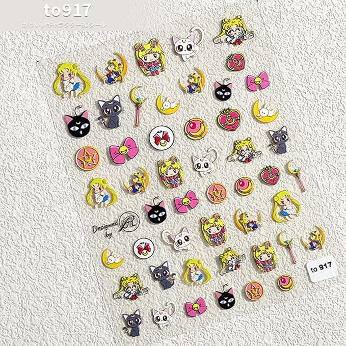New Cartoon Anime Princess Moon Hare Nail Sticker Decals 5D Embossed(2 Sheets) + 3D Diamond Nail Art Accessories(4 Pcs)