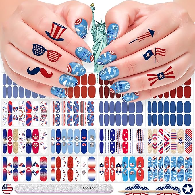 DANNEASY 16 Sheets Independence Day Nail Wraps for Women 4th of July Nail Polish Stickers Solid Color Nail Polish Strips Self-Adhesive Fingernail Stickers with Nail File, Cuticle Stick