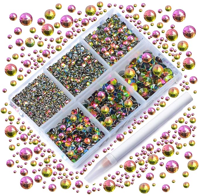 AD Beads 4300 Pieces Flat Back Nail Art Rhinestones Round Beads 6 Sizes (2-6.5mm) with Storage Organizer Box,Rhinestones Picking Pen for Nail Art Phone Decorations Crafts DIY (Vitrail Medium)