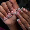 Extra Short Press on Nails Square Fake Nails Pink Full Cover False Nails Press ons with Designs Nails Bow and Cherry Artificial Acrylic Nail for Women Girls 24Pcs Stick on Nail