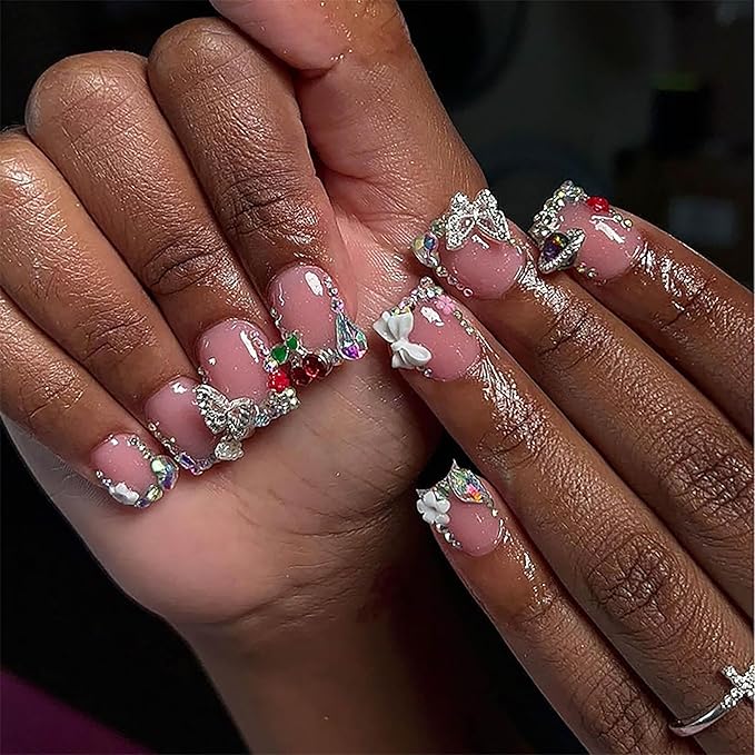 Extra Short Press on Nails Square Fake Nails Pink Full Cover False Nails Press ons with Designs Nails Bow and Cherry Artificial Acrylic Nail for Women Girls 24Pcs Stick on Nail