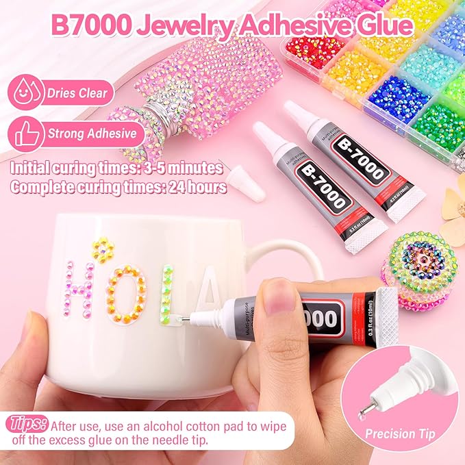 26000Pcs Resin Rhinestones for Bedazzling Kit, 2 Boxes Multicolor 3mm&5mm Bedazzled Crystal, Flatback Gems with 3Pcs 10ml B7000 Jewelry Glue for DIY Crafts Clothing Nail Art Makeup