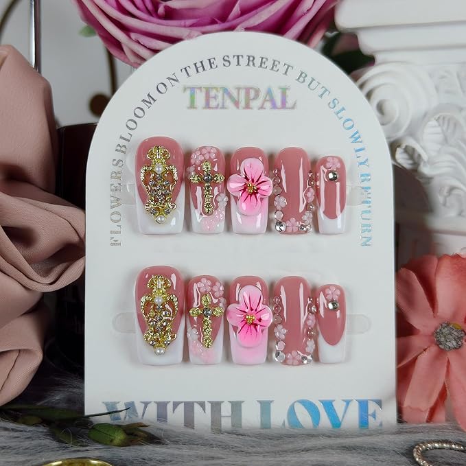 Squoval Press on Nails Medium - White French Tips with 3D Cross & Floral Lace, Reusable & Handmade False Nails for Edgy Everyday Wear | Sweet Gothic Style(S)