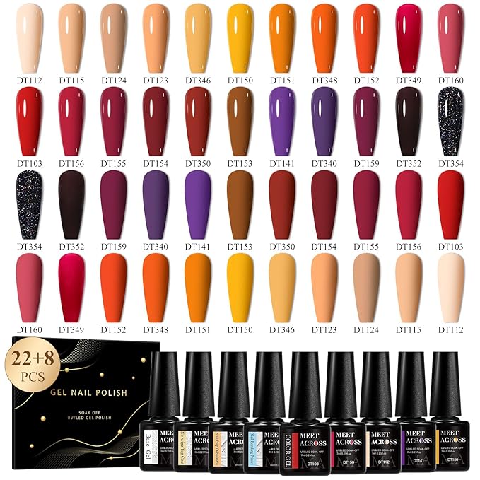 MEET ACROSS Fall Winter Series Gel Polish Set 22 Colors Gel Nail Polish Kit Orange Burgundy Red Purple for Nail Art Manicure Kit for Women 30Pcs
