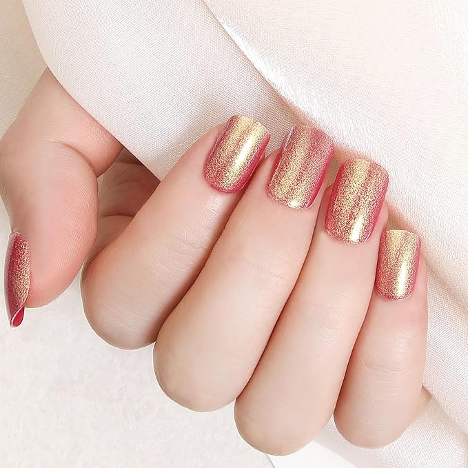 Red Short Square Press On Nails - Gold Glitter, Classic Red With Fine Gold Sparkle, Delivers a Clean, Elegant Look With Lasting Visual Impact, 24 Nails in 12 Sizes with Glue