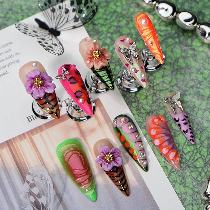 3D Floral Butterfly Press on Nails Long Stiletto Fake Nails Pure Hand-Painted Nail Animal Print with Design Coloful Stick on Nail Exquisite False Nail for Women Spring Manicure (M)