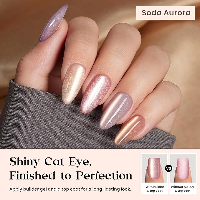 Beetles Cat Eye Nails - 7 Colors Nude Medium Almond Press On Nails | 16 Sizes 224 Pcs Natural Salon Quality Glitter Chasing Light Cateye Nails For Women