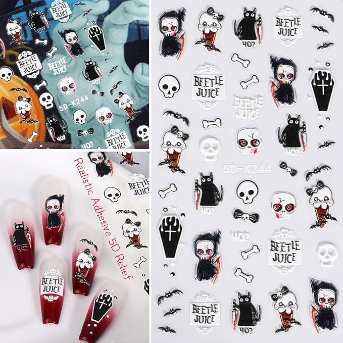 5D Self-Adhesive Nail Stickers for Halloween Nail Decals: DIY Nail Art Design with Bat, Ghost, Pumpkin, Spider Web, Witch, Skull, Bones, etc. Ideal for Halloween Party Supplies for Women (Pink)