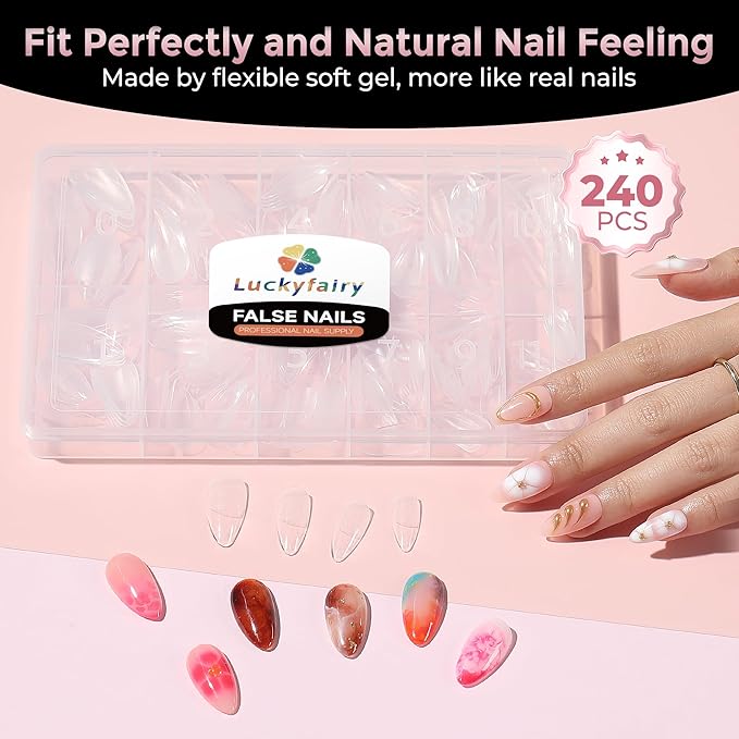 Medium Almond Nail Tips, 240pcs Soft Gel Pre-Filed Acrylic Almond Fake Nails, Half Matte Full Cover Clear Press on Flase Nail Tips for Nail Extension Home DIY 12 Sizes Gelly Tips