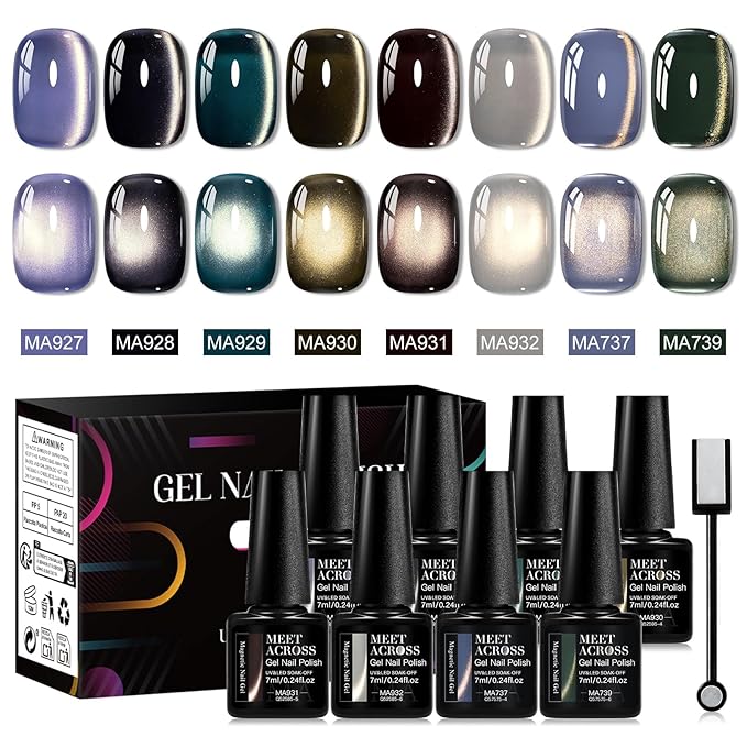 8 Color Magnetic Cat Eye Gel Polish Set - Holographic Magnetic Nail Polish with Magnetic, LED Lamp Compatible, Salon-Quality Long-Lasting Gel Polish Kit for Home, Multi-Color Shimmering Hues