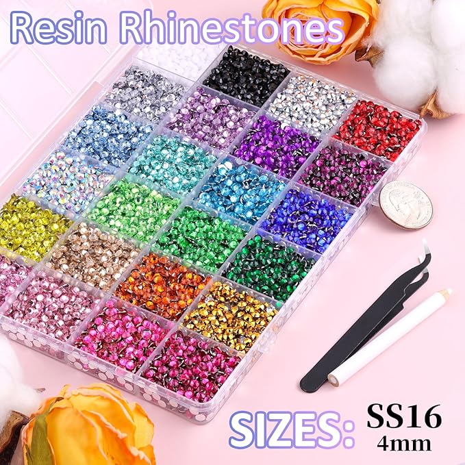 12600Pcs Resin Rhinestones for Crafting with Tweezers, Multicolor 4mm Flatback Gems with 1 B7000 Jewelry Glue, Bedazzling Crystal for Crafts Clothing Tumblers Mugs Shoes Fabric Nail Art Makeup
