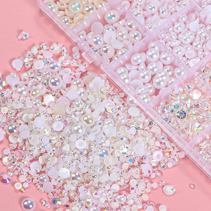 22000 Pcs White Flatback Pearls and Rhinestones Bedazzling Kit, Resin Rhinestones Gems for Crafting, Mixed Size Half Pearls Gems for Nails Face Eyes Makeup Bottles Shoes DIY Crafts