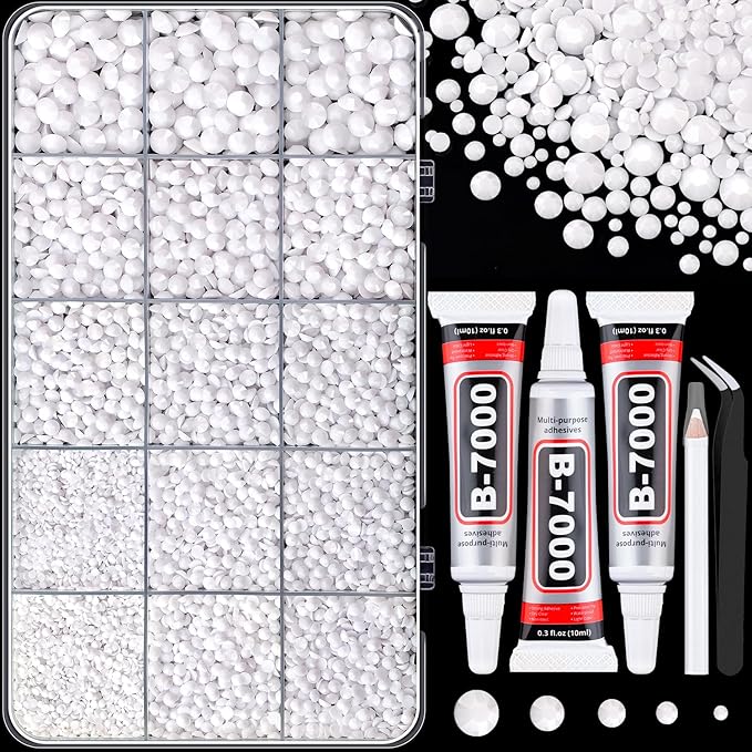 16000Pcs Resin Rhinestones with Tweezers for Crafting, White 2-6mm Mixed Sizes Bedazzling Crystal with 3Pcs 10ml B7000 Jewelry Glue for DIY Crafts Clothing Tumblers Shoes Fabric Nail Art