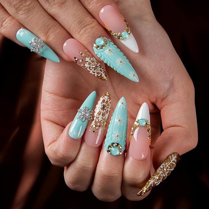 LOVFUL Short French Tip Press on Nails Gilded Snowfall | Handmade Acrylic Press ons| Reusable Fake False Nails | Stiletto Classic Regular 1.3in | H739-S