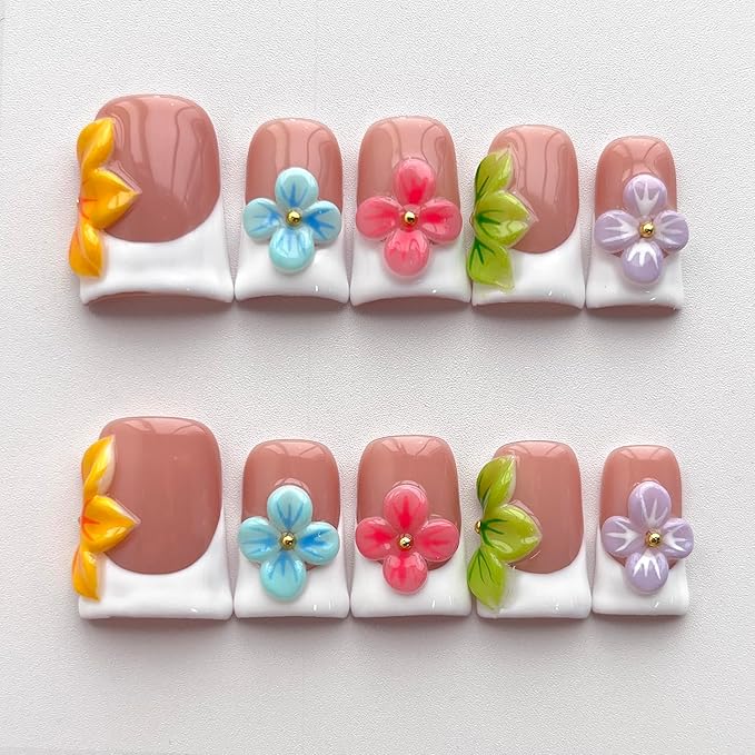 White French Tip Press on Nails Handmade Short Duck 3D Flower Thick Acrylic Nails Cute False Nails with Colorful Floral Designs Glossy Fake Nail Sturdy Art Press on Nail 10Pcs(S)
