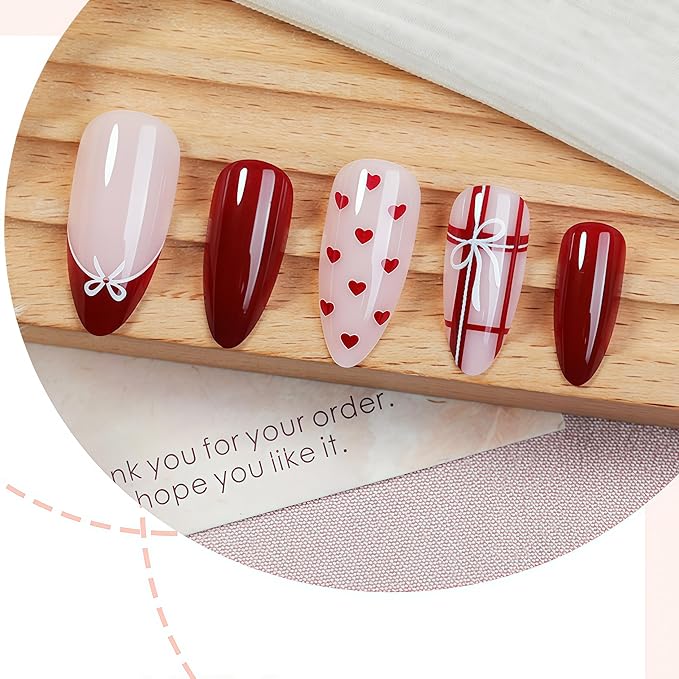 24Pcs French Tip Press on Nails Medium Almond Fake Nails with Red Heart Plaid Bow Designs Glossy False Nails Cute Mini Bow Burgundy French Acrylic Nails Glue on Nail for Coquette Women Girlfriend Gift