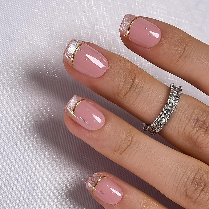 Curvlife Soft Gel Press on Nails, Cat Eye French Nail Tips, Full Cover Glossy Design Reusable Fake Nails Kit with Glue and Adhesive Tabs