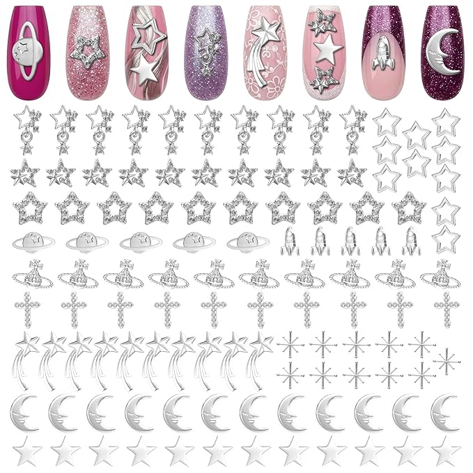 110 Pcs Silver Nail Charms and Gems - Complete Art Set with Cross, Planet, Piercing Ring & Silver Star Nail Charms Designs with Rhinestones - Easy-to-Apply, Sturdy Acrylic for Stylish Manicures