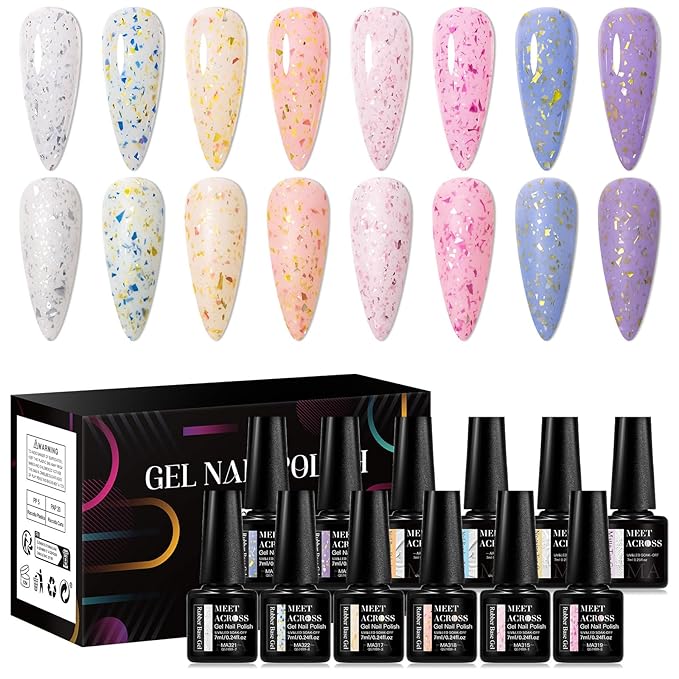 MEET ACROSS Rubber Base Gel Polish, 12pcs*7ml Builder Gel Gold Foil Pink Red Purple Blue Silver Foil White in a Bottle UV Gel Polish Kit, Structure Quick Extension Gel