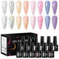 MEET ACROSS Rubber Base Gel Polish, 12pcs*7ml Builder Gel Gold Foil Pink Red Purple Blue Silver Foil White in a Bottle UV Gel Polish Kit, Structure Quick Extension Gel