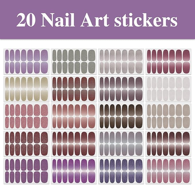 WOKOTO 20 Sheets Soilid Glitter Full Nail Stickers for Women Nails Polish Strips Gel Wraps Strips Sticker for Girls, Solid Pink Purple Cute Glitter Nail Polish Stickers Gel Strips