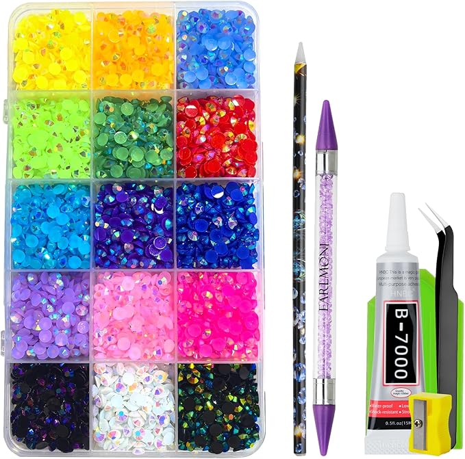 Resin Jelly Rhinestones for Bedazzling, EARLMONI Multi Colord Bedazzler Kit with 15ml B7000 Glue Rhinestone Pen Tool for Clothes Nail Art (15 Colors, 3MM)