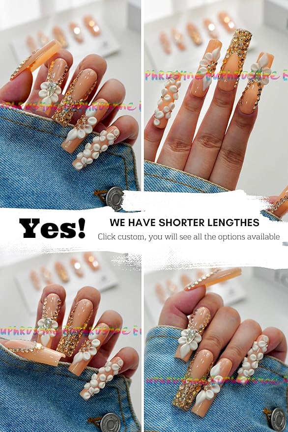 Euphrosyne Nude Pink Long Press On Nails – 10pcs Handmade Fake Nails with Rhinestones & 3D Flowers | Bridal Wedding Party Gifts