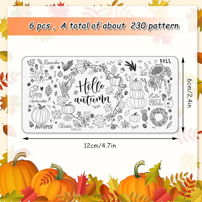 Whaline 6Pcs Fall Thanksgiving Theme Nail Art Stamping Plate Kit Various Pattern Pumpkin Maple Autumn Blessing Collection Checkered Nail Art Plate for Thanksgiving Day DIY Design Print Manicure Salon