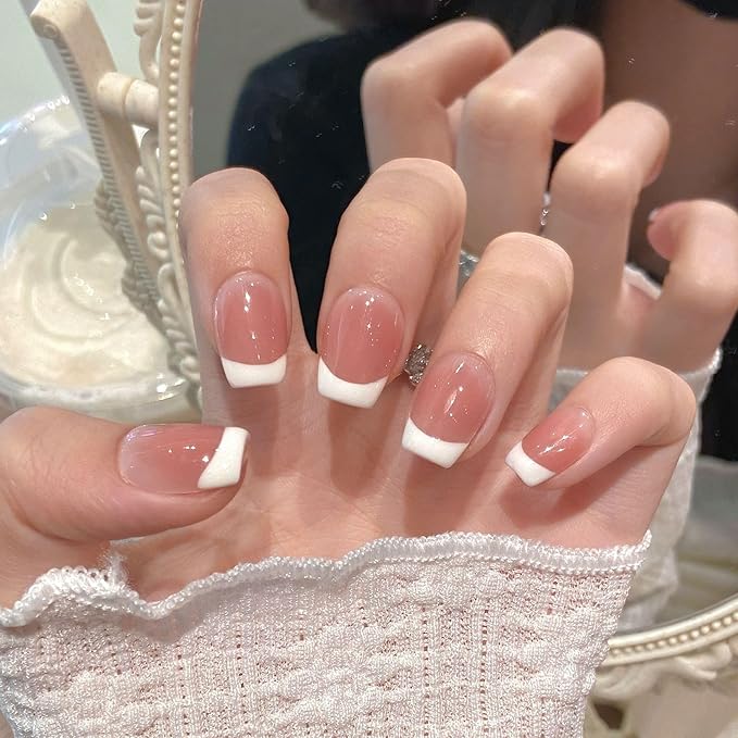 Short Square Press on Nails - Handmade Manicure Art Reusable False Nails 10pcs with Solid Nail Glue, Nail Adhesive Tabs, Strong Nail Glue (303-Medium)