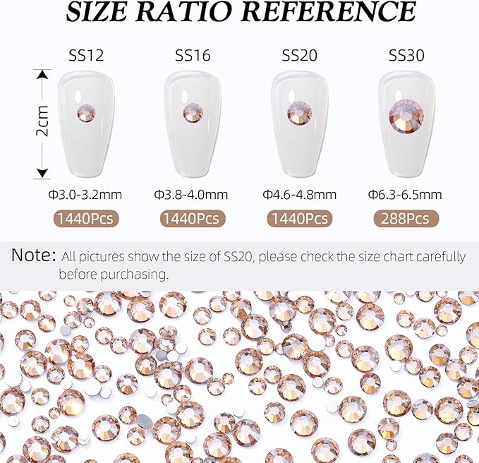 Gold Shadow Flatback Rhinestones, Glass Rhinestones for Nail Art and Craft, Glue Fix, Loose Crystal Gemstones(Gold Shadow, SS30, 288pcs, 6.4-6.6mm)