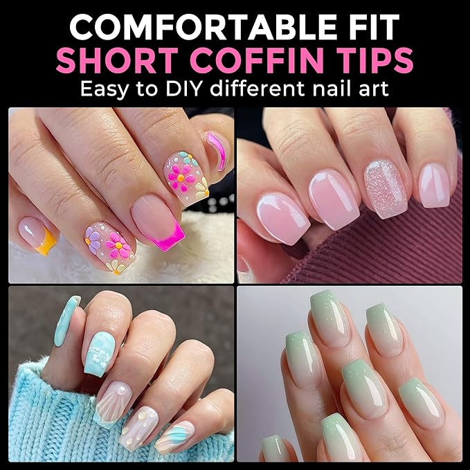 UNA GELLA Short Coffin Nail Tips: 216pcs Short Coffin Press on Nails Pre-Shape Gel Nail Tips for Full Cover Acrylic Nails False Nails for Nail Extension Home DIY Salon 12 Sizes Gelly Tips