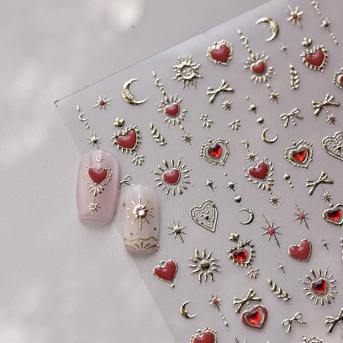 Heart Nail Sticker Decals Star Moon Nail Art Stickers with Diamond Design Red Blue Nails Decals 5D Embossed Self Adhesive Love Nail Charms for Women Girls Kid Manicure Supply Decoration Accessories