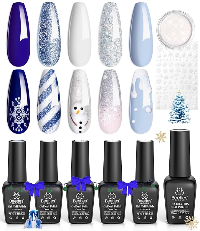 Beetles Easter Gel Nail Polish Set 5 Winter Colors Dark Blue Glitter White Light Blue Silver Gel Polish with Sealing Gel Sugar Dust Powder Nail Sticker UV LED Needed Gifts for Women Sparkling Snow