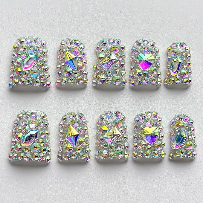 Luxury Press on Nails Short Duck Handmade 3D Unique Reusable ABS Material Fake Nails False Nails with Designs Full Rhinestones Sparkly Glossy Glue on Nail Thick Acrylic Nail(M)