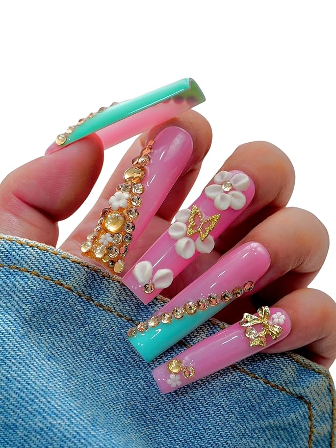 Coffin Press On Nails – 10pcs Long Pink Fake Nails with Rhinestones, 3D Flowers & Butterfly Charms | Glossy Stick On Acrylic Nails for Women Party or Daily Wear