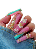 Coffin Press On Nails – 10pcs Long Pink Fake Nails with Rhinestones, 3D Flowers & Butterfly Charms | Glossy Stick On Acrylic Nails for Women Party or Daily Wear