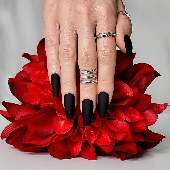 Hypnaughty 24 Pcs Noir Black Matte Luxury Coffin Press on Nails with Glue Medium Long Solid Black Color False Nails (Noir)