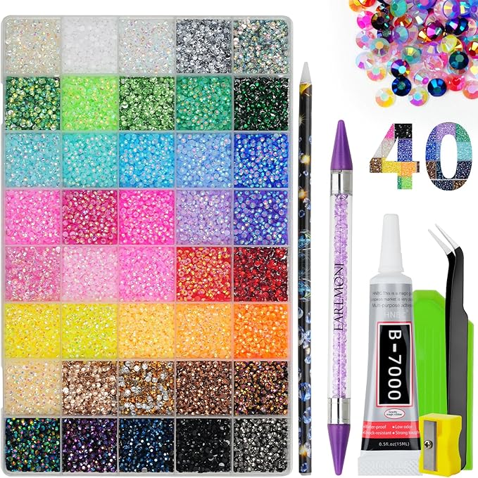 Resin Jelly Rhinestones for Bedazzling, EARLMONI Multi Colord Bedazzler Kit with 15ml B7000 Glue Rhinestone Pen Tool for Clothes Nail Art (40 Colors, 3MM)