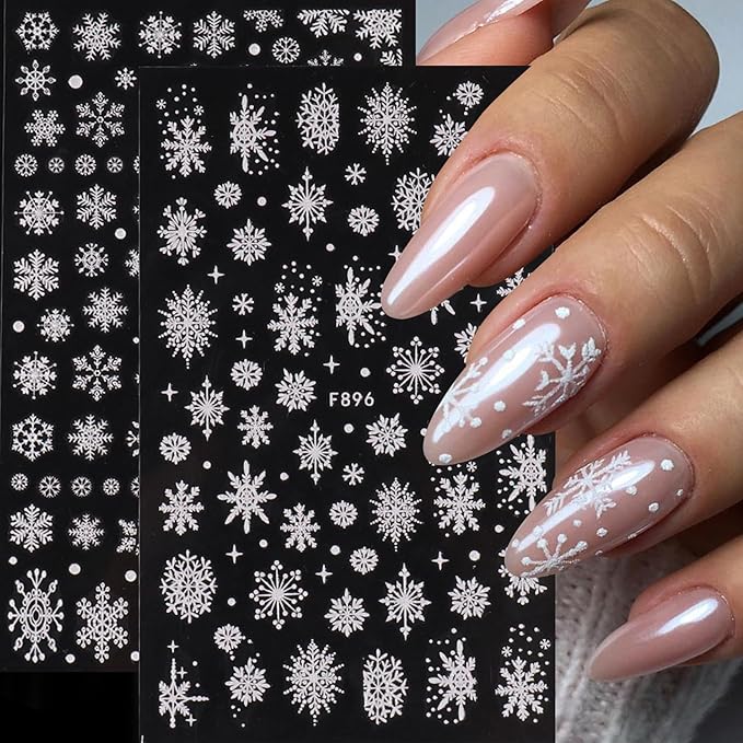 White Snowflake Nail Art Stickers 12PCS Christmas Winter Glitter Snowflakes Nail Decals with Tweezers 3D Charms Snow Flakes Stars Antlers Design Self-Adhesive Holiday Decoration Supplies for Women
