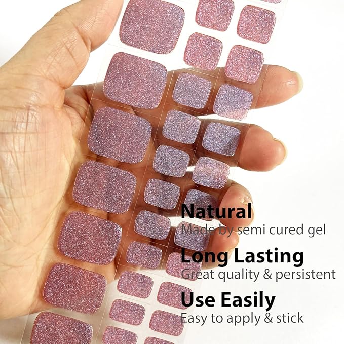 34 Pcs Semi Cured Gel Toe Nail Strips Light Purple Glitter Gel Nail Stickers Full Cover Nails Wraps Self Adhesive Toe Nails Polish Strips Stickers for Women UV/LED Light Required