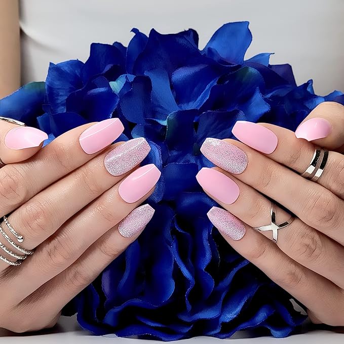 Hypnaughty 24 Pcs Pink Ballerina Press On Nails with Glue Medium Short Length Fake Nails with Glitter Design Glossy Acrylic Press On Nails Full Cover (Pink)