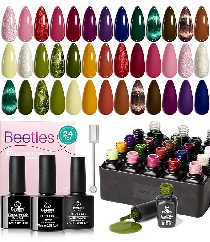Beetles Cat Eye Gel Nail Polish Set - 20 Colors Gel Polish Nail Set Burgundy Brown Green Nail Polish Glitter Pearl Nail Manicure with Base Coat Matte&Top Coat Soak off Valentines Gift for Women