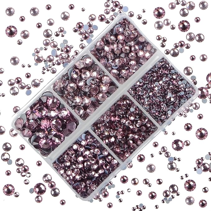 4000Pcs Mixed Size Hot Fix Round Crystals Gems Glass Stones Hotfix Flat Back Rhinestones (Light Amethyst)