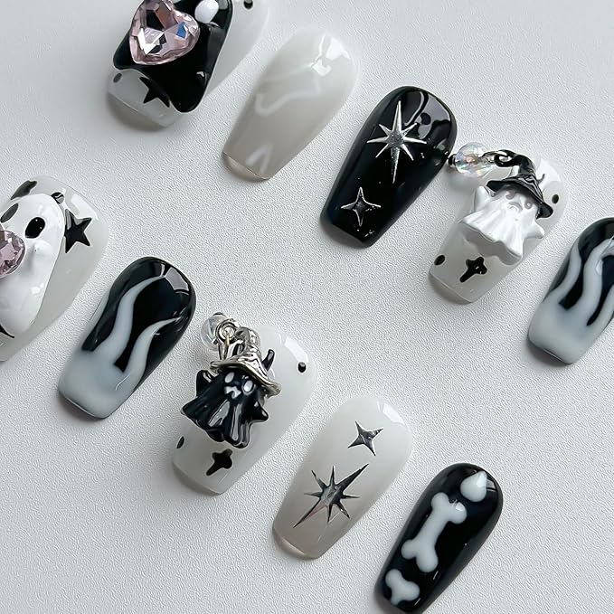 Halloween Press on Nails Medium Coffin Handmade Nails 3D Unique Reusable ABS Material Fake Nails Black&White False Nails with Designs Cute Ghost Charms Glossy Glue on Nail Thick Acrylic Nail(M)