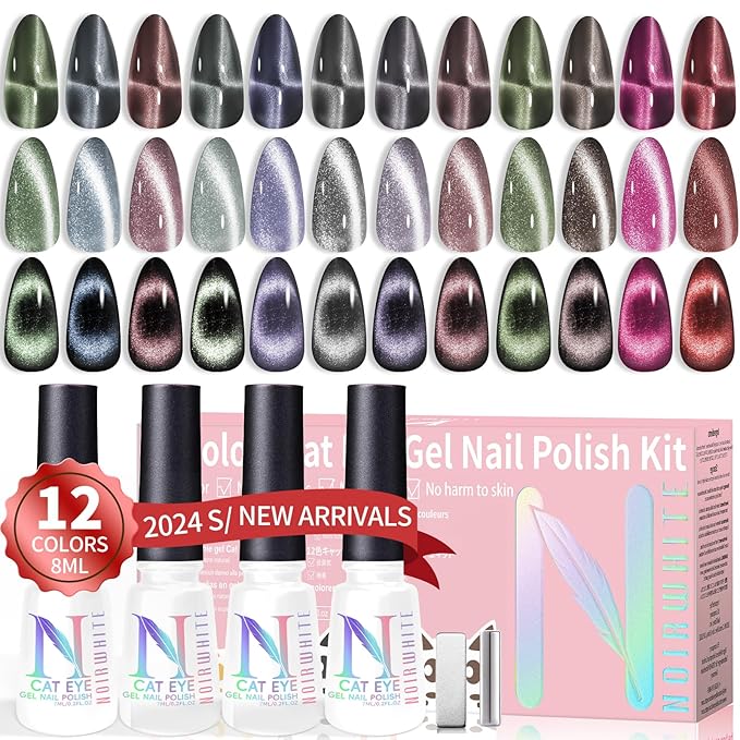 Gel Nail Polish Set, 12 Colors Holographic Glitter Neon Cat Eye Gel Nail Polish Kit with Magnet Base Top Coat Magnetic Nail Polish Starter Kit Nails Art DIY Home Salon Gift for Girls Women