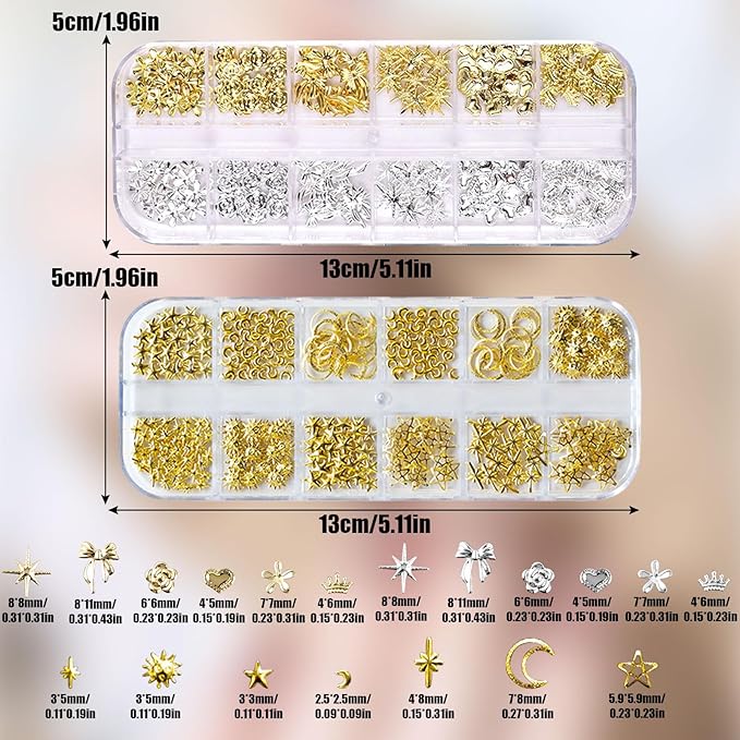 Gold Silver 3D Nail Charms, 2Boxes 24Grids Bow Star Nail Gems Nail Studs,Punk Metal Alloy Rivet Stickers Bowknot Nail Art Decorations Accessories for Nail Art Design DIY Crafts (Gold Silver B)