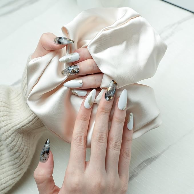 Sun&Beam Nails Handmade Press-on Medium Long Amlond Silver White Ombre Gradation Hand-Painted Design Fashion False Nail Tips 10 Pcs Set (#209 S)